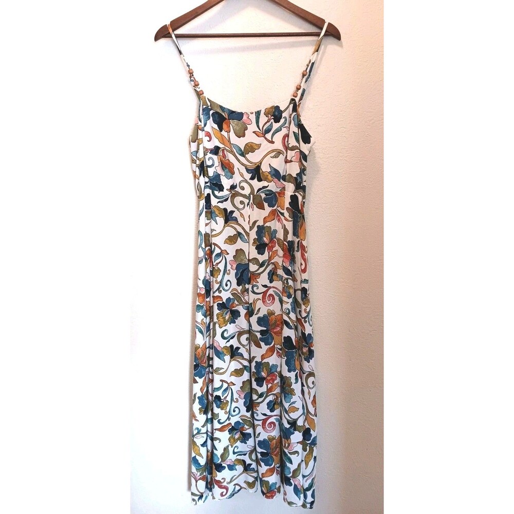 MSK Floral Maxi Dress Rayon Boho Wood Bead Straps Sleeveless Smocked Back Size L